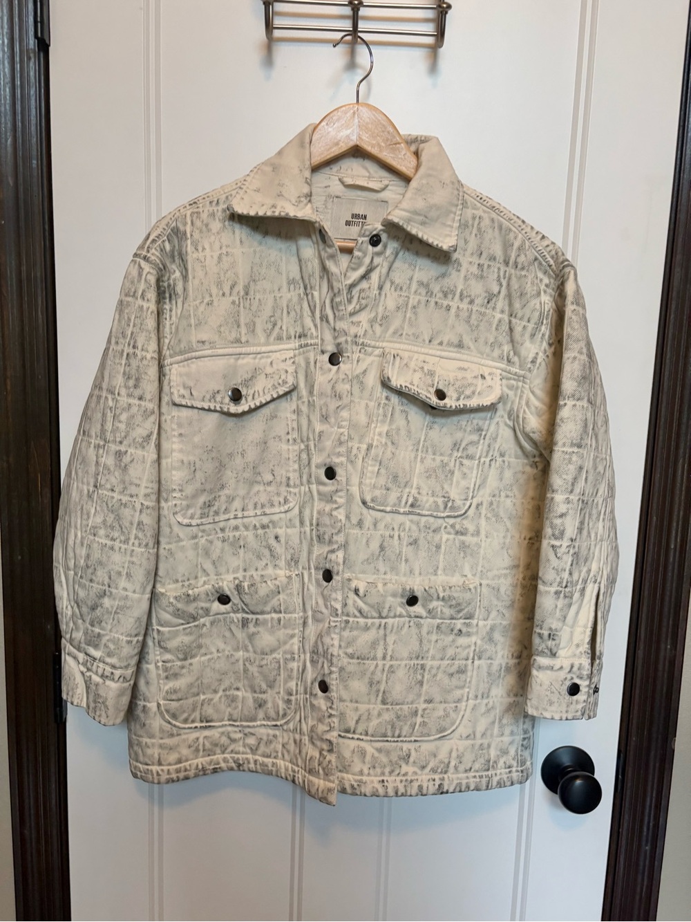Urban Outfitters Quilted Grid Jacket Cream Gray Pockets Unisex Neutral sz XS